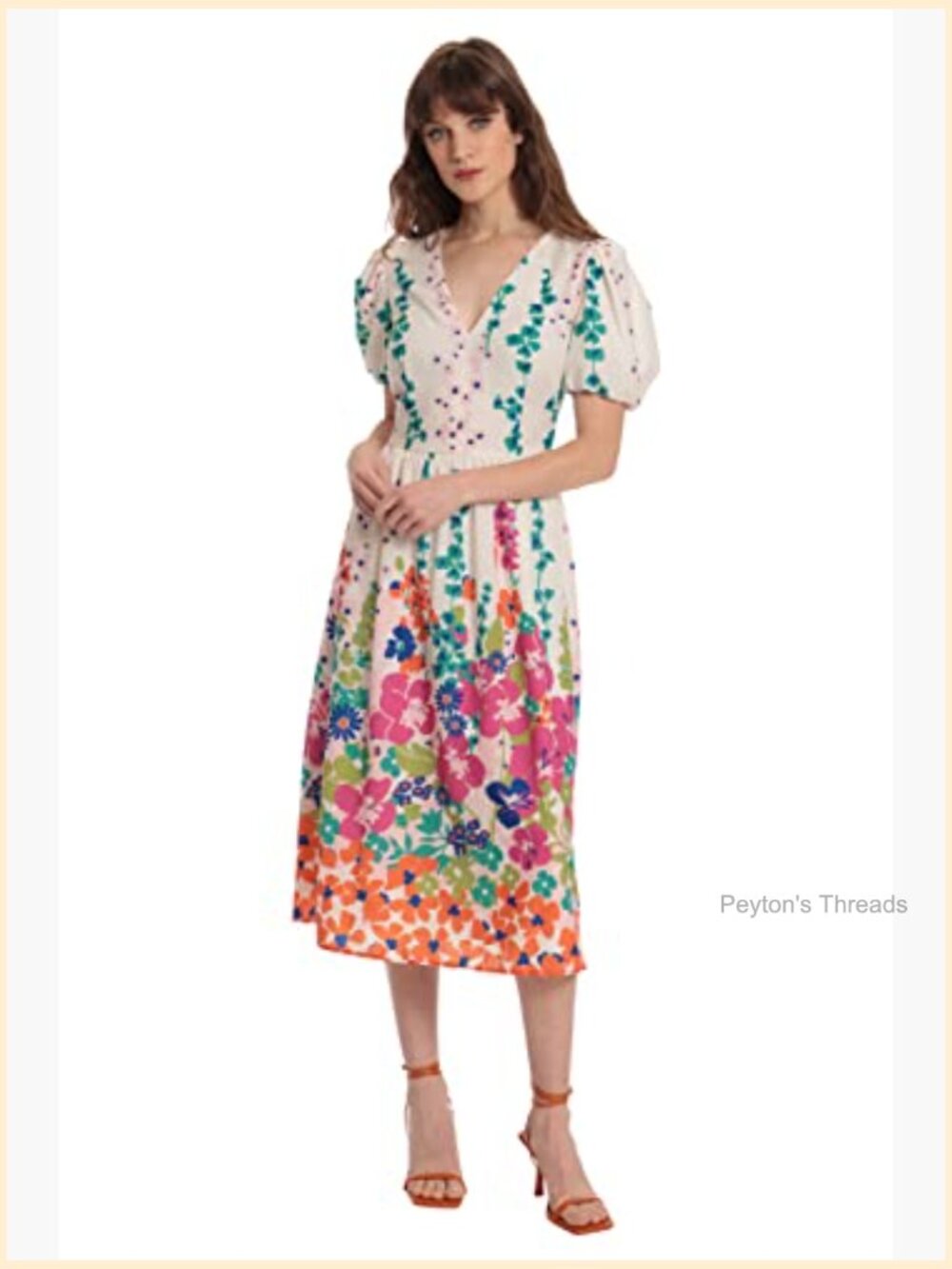 Floral Puff Sleeve V-Neck Midi Dress Sheath - Picture 3 of 5
